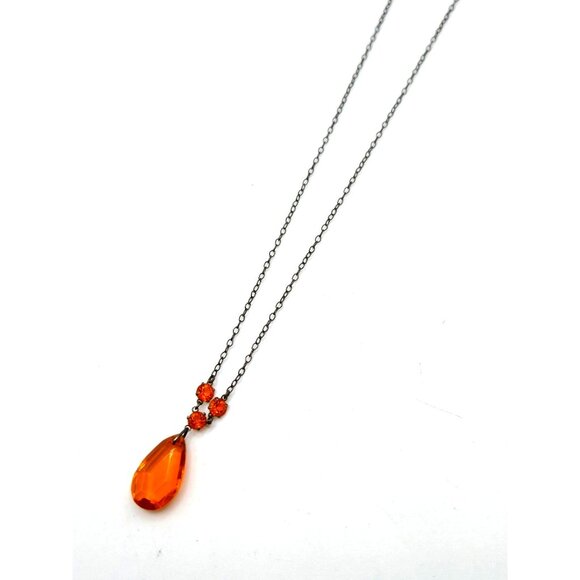 Antique Edwardian Sterling Necklace Orange Glass Teardrop Pendant c.1910s - Picture 1 of 5